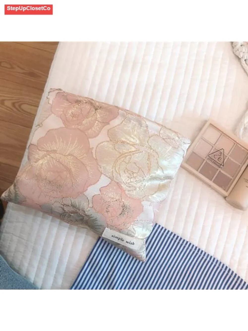 Small Floral Embroidered Makeup Bag for Purse, Canvas Cosmetic Pouch, Travel